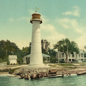 Phare de Biloxi et maisons de gardien. vintage perdu de vue. Paysage historique de la côte du golfe du Mississippi. Nouvelles impressions d'art, cartes pour photochromes