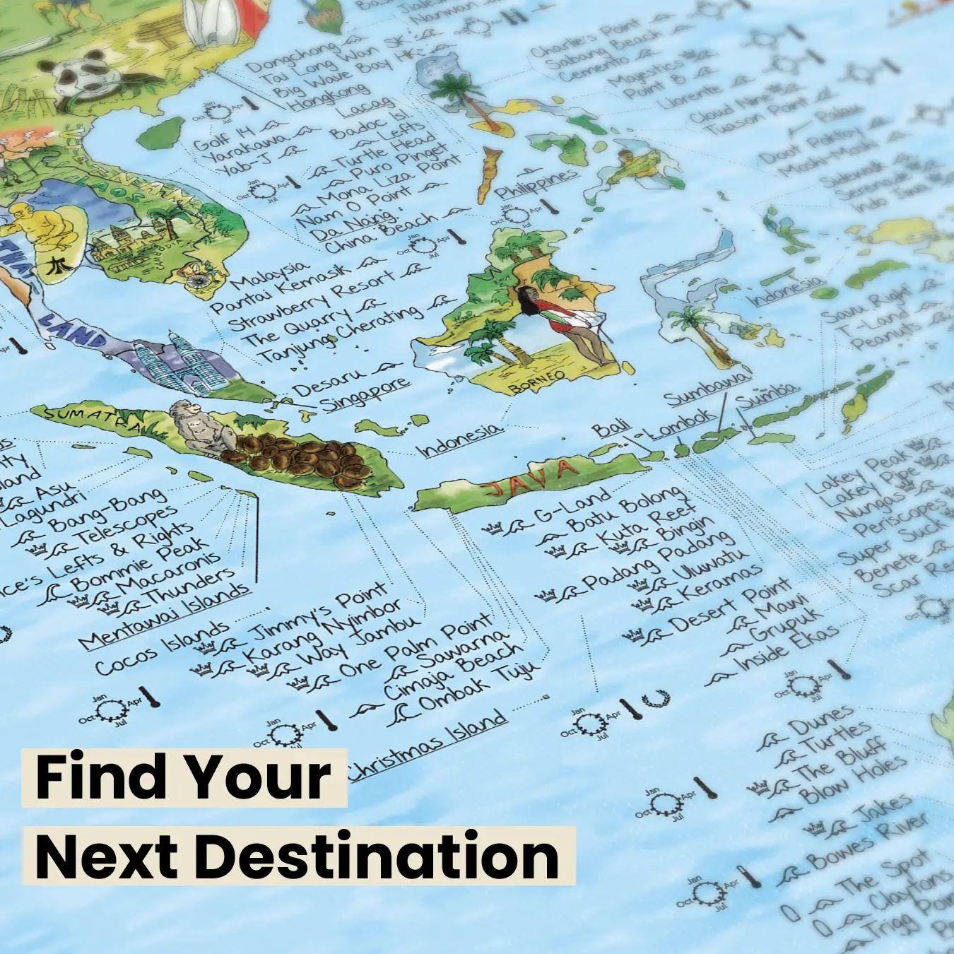 World Surfing Wall Map. Best 1000 Surf Spots & Beaches on Earth. Hand ...