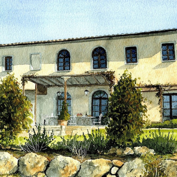 Sunny Tuscany Villa & Garden. Romantic Italy dream house! Rob Thorpe watercolor landscape prints, notecards.