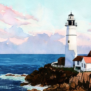 Portland Head Lighthouse, Cape Elizabeth, Maine. Pink sunset clouds & cliffs over blue Casco Bay. Landscape watercolor prints, notecards