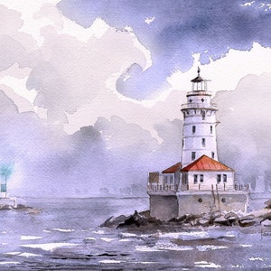 Phare du port de Chicago, Illinois. Matin sombre et brouillard sur le lac Michigan. Impressions d'art de paysage aquarelle James Mann, cartes pour correspondance