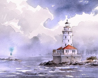 Faro del puerto de Chicago, Illinois. Moody mañana nubes y niebla sobre el lago Michigan. Impresiones de arte paisajístico en acuarela de James Mann, tarjetas de notas