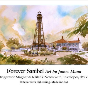 Coffret cadeau Forever Sanibel. Paysage historique de la côte du golfe de Floride. Aimant de réfrigérateur et mini notes A1 de peinture à l’aquarelle de James Mann.