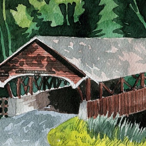 Pont couvert de Flume Gorge, Franconia Notch, New Hampshire. Paysage d'été boisé. Impressions d'art aquarelle Peter M. Mason, cartes de correspondance.