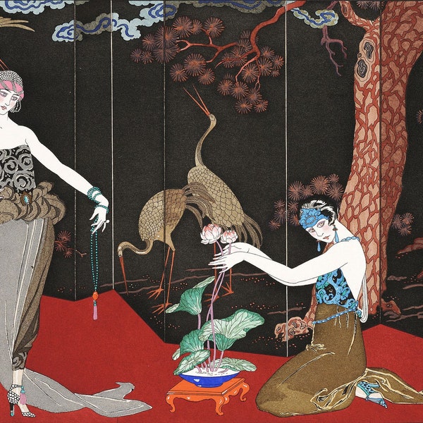 Lacquer Love. Art Deco 1920s Paris vamps & Chinese screen. Prints, cards of Le Goût des Laques, George Barbier French fashion illustration