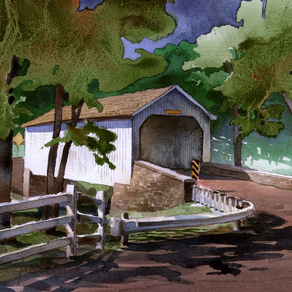 Loux Covered Bridge, Cabin Run Creek, Bucks County, PA. Summer landscape. White bridge, green trees. James Mann watercolor prints, notecards