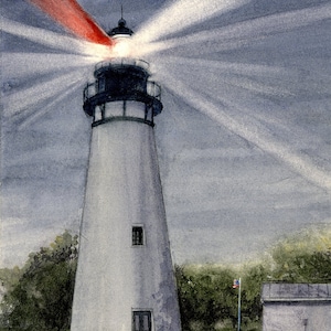 Amelia Island Lighthouse Sunset, Florida. Red & white light rays in evening sky. Gerald Hill watercolor portrait art prints, notecards