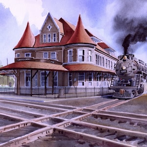 Gare Union Durand et machine à vapeur n° 1225 Pere Marquette. Musée d'histoire du Michigan RR. James Mann, aquarelles paysages, cartes pour correspondance