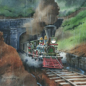 May include: A vintage steam locomotive train emerges from a tunnel in a lush green forest. The train is covered in steam and smoke, and the tracks are wet from the rain. The scene is painted in watercolor, with a realistic style.