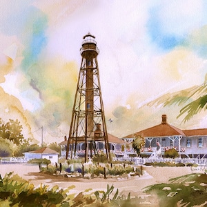 Phare de l'île de Sanibel et cottages des gardiens. Paysage de la côte du golfe de Floride avant l'ouragan Ian. Impressions d'art aquarelle James Mann, cartes pour correspondance
