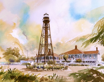 Sanibel Island Lighthouse & Keepers' Cottages. Florida Gulf Coast landscape pre-Hurricane Ian. James Mann watercolor art prints, notecards