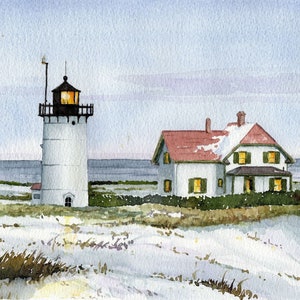Phare de Race Point, Provincetown, Cape Cod, Massachusetts. Charmant paysage d'hiver enneigé. Impressions d'art aquarelle Rob Thorpe, cartes de correspondance