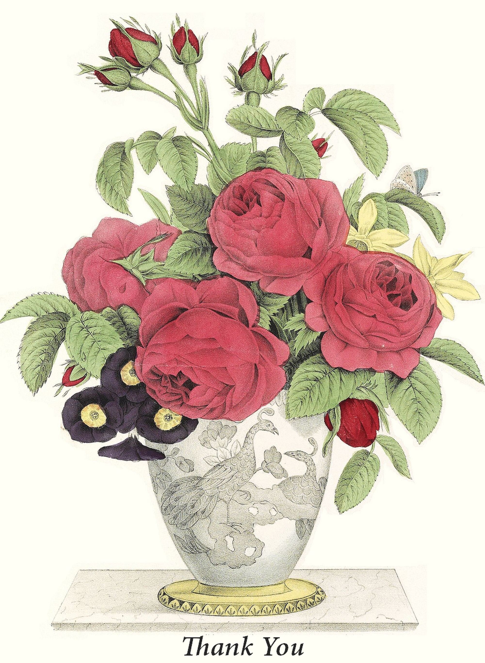 Victorian Bouquet Thank You Notes. Vintage red roses, purple & yellow flowers, butterfly, Chinese bird vase. Portrait A1 mini notecard set.