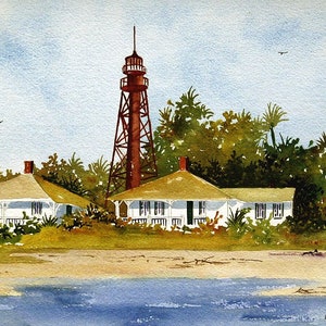 Phare de l'île de Sanibel et cottages des gardiens. Paysage de plage de la côte du golfe du golfe de Floride. Jean Andrew estampes aquarelles, cartes pour correspondance