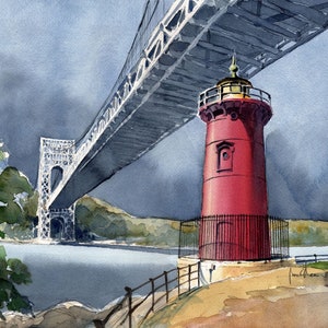 May include: A red lighthouse with a white trim and a black fence stands under a large gray bridge. The bridge is made of metal and has a lattice design. The sky is a light blue with some clouds.