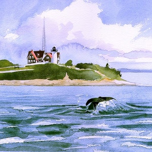 Phare de Nobska Point et paysage marin de Whale Tail. Woods Hole, Falmouth, Cape Cod, Mass. James Mann, aquarelles, cartes pour notes.