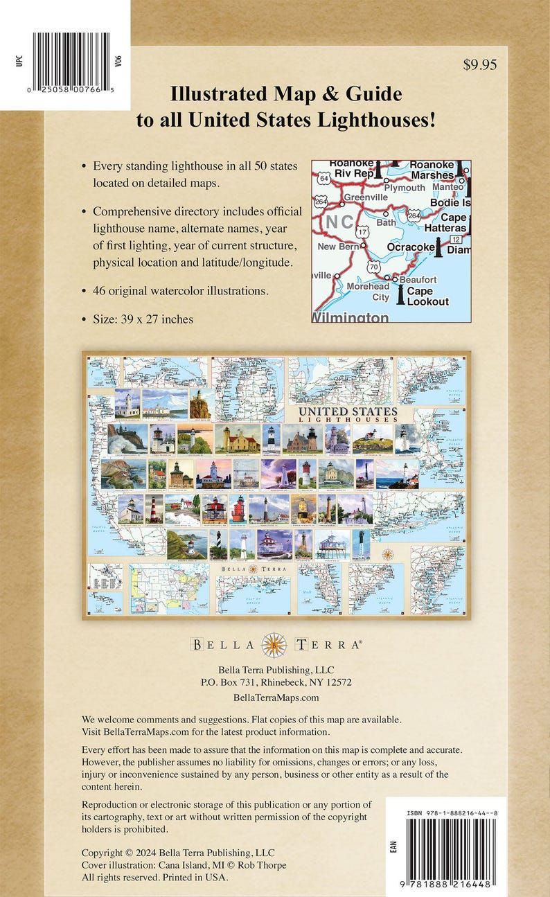 May include: Illustrated map and guide to all United States lighthouses. The map features a detailed directory of lighthouses, including their names, year of first lighting, year of current structure, physical location, and latitude/longitude. It also includes 46 original watercolor illustrations. The map measures 39 inches by 27 inches.