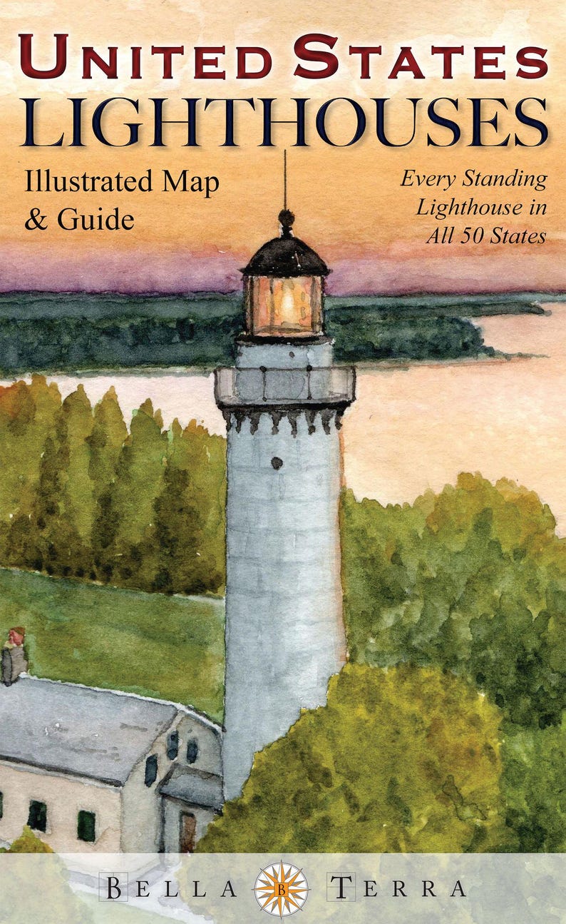 May include: A watercolor illustration of a lighthouse on a rocky coast with a sunset in the background. The title of the book is "United States Lighthouses: Illustrated Map & Guide" and the subtitle is "Every Standing Lighthouse in All 50 States". The book is published by Bella Terra.