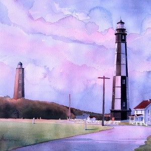 Cape Henry Lighthouses, Fort Story, Virginia Beach. Rosy sunrise landscape, striped & stone towers. James Mann watercolor prints, notecards.