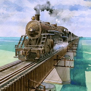 Train à vapeur de la Florida East Coast Railway au-dessus de l'eau de Key West. Perte de la « 8e merveille » en 1912 Impressions et cartes de correspondance James Mann de paysages à l'aquarelle.