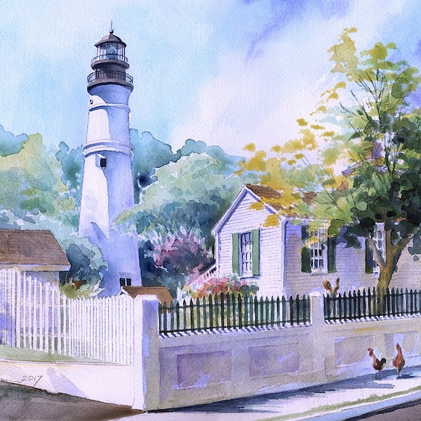 Key West Lighthouse, Keepers House, Fence & Neighborhood Roosters, Florida. James Mann watercolor landscape art prints, 5x7 notecards.