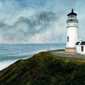 North Head Lighthouse, Ilwaco, Washington. White tower, stormy sky, Pacific surf. Rob Thorpe watercolor landscape prints & notecards.