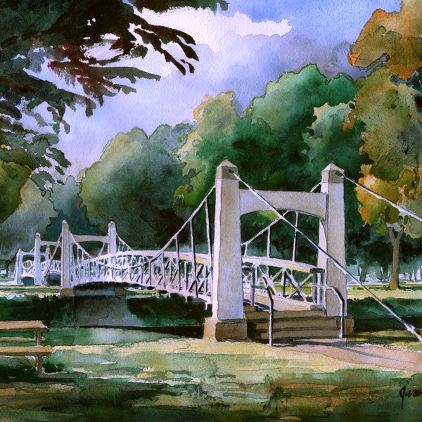 Lake Lenape Bridge, Perkiomen Creek, Perkasie & Sellersville, Bucks County PA. Mini Brooklyn Bridge. James Mann watercolor prints, notecards