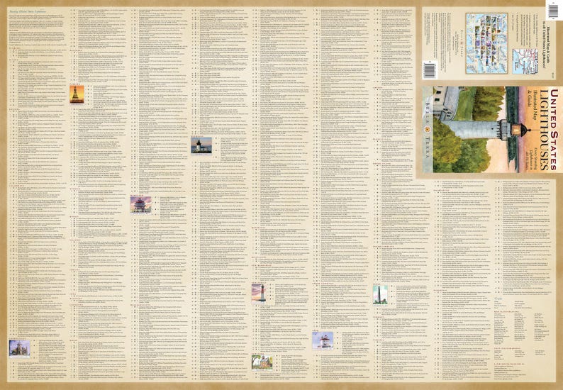 May include: A map of the United States featuring lighthouses from all 50 states. The map is in a vintage style with a beige background and black text. The map includes a key with symbols for different types of lighthouses. The map also includes a small inset map of the United States showing the location of each lighthouse.