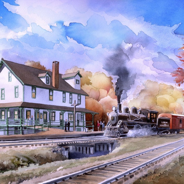 Ma & Pa Railroad Station, Muddy Creek Forks, Penna. General store and steam train autumn landscape. James Mann watercolor prints, notecards
