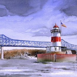 Borden Flats Lighthouse, Fall River. Braga Bridge, Battleship Cove, USS Massachusetts. James Mann watercolor landscape prints & notecards