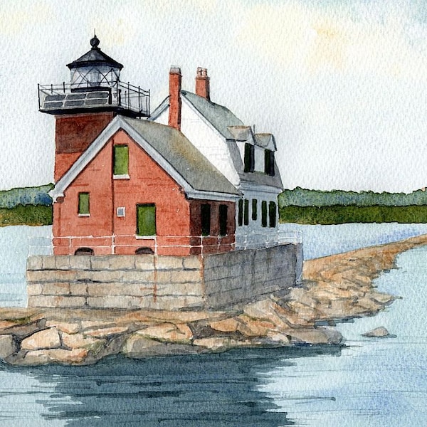 Rockland Breakwater Lighthouse, Maine. Serene Victorian beauty on shimmering water. Rob Thorpe watercolor landscape prints & notecards.