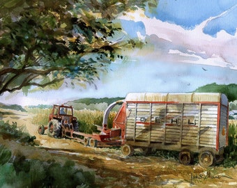 Cosecha de maíz de Pensilvania. Paisaje agrícola soleado, verde, dorado y azul. Tractor cosechador internacional. Impresiones de arte en acuarela de James Mann, tarjetas de notas