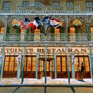 Antoine's Restaurant, quartier français de la Nouvelle-Orléans. Vue nocturne romantique, drapeaux. Impressions d'art de paysage aquarelle James Mann, cartes pour correspondance
