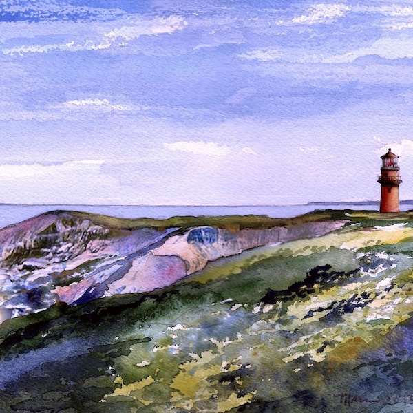 Gay Head Lighthouse Fridge Magnet 3.5x5". Colorful Aquinnah Cliffs & Beach, Martha's Vineyard, Mass. James Mann watercolor landscape