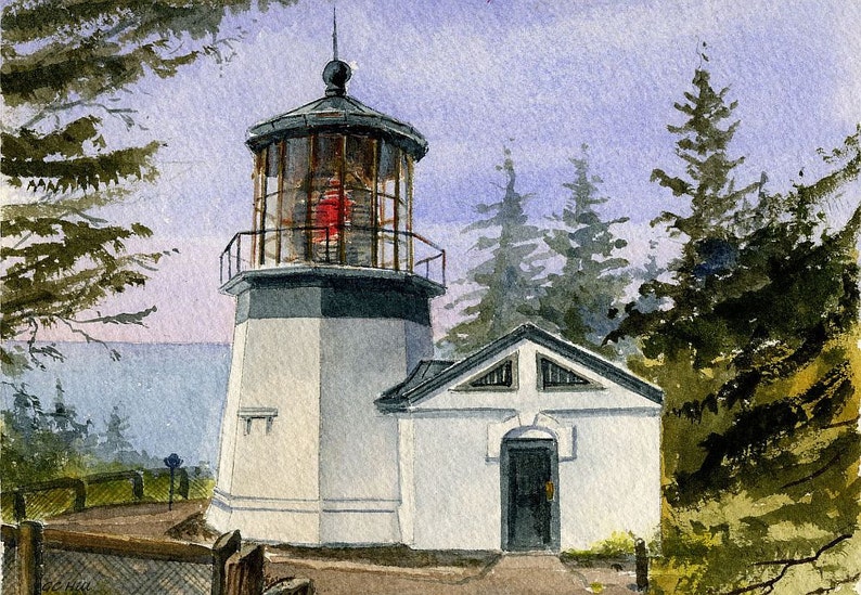 Cape Meares Lighthouse, Netarts, Oregon. Little tower with big lantern in the pines. Gerald Hill watercolor landscape art prints, notecards. image 3