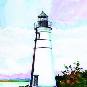 Phare de la rivière Tchefuncte, musée maritime du lac Pontchartrain, Louisiane. Impressions de portraits à l'aquarelle et cartes de correspondance de Ken Matthew.