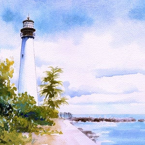 Phare et jetée du cap Florida, Key Biscayne en Floride. Impressions d'art de paysage aquarelle James Mann, cartes pour notes.