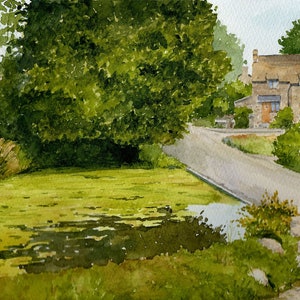 Oxfordshire England countryside summer landscape. Pond & stone house. Rob Thorpe watercolor prints, notecards.