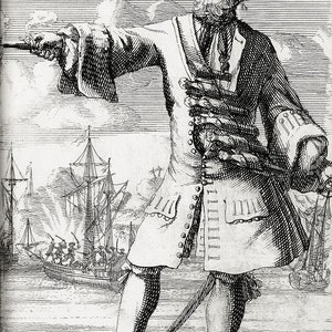 May include: A black and white engraving of a man in a feathered hat and a long coat with multiple rows of buttons. He is holding a sword in his right hand and a pistol in his left hand. He is standing in front of a ship at sea.