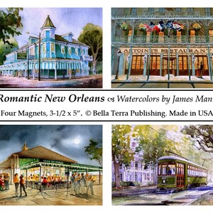 Romantische New Orleans koelkastmagneet cadeau-collectie. Tram, Antoine&#39;s Restaurant, Commandeurspaleis, Café du Monde. James Mann-kunst.