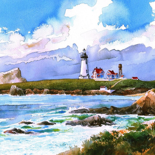 Piedras Blancas Lighthouse c1910, San Simeon, California. Long-ago landscape with famous white rock. James Mann watercolor prints, notecards