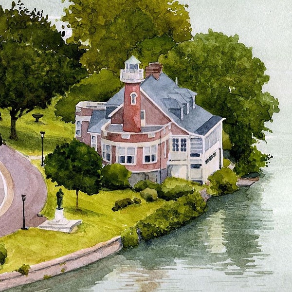 Turtle Rock Lighthouse. Shimmering aerial landscape. Boathouse Row, Fairmount Park, Philadelphia PA. Rob Thorpe watercolor prints, notecards