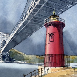 May include: A red lighthouse with a black metal fence stands under a large gray bridge. The bridge is made of steel and has a lattice design. The sky is cloudy and gray. The water is calm and blue.