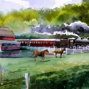 Kentucky Railway Museum L&N #152 Steam Train. Horses vs Iron Horse. James Mann watercolor landscape prints, notecards