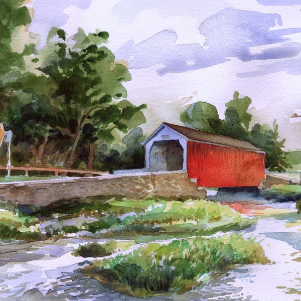 Erwinna Covered Bridge, Lodi Creek, Bucks County, PA. Red classic in peaceful green landscape. James Mann watercolor prints, notecards