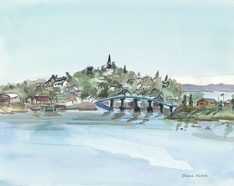 Lubec Maine & Bridge Water View. Peaceful Landscape. Diana Hertz watercolor prints, notecards.