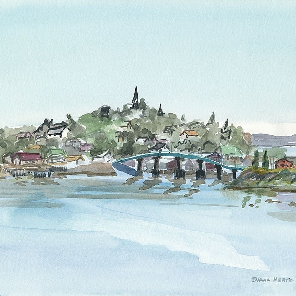 Lubec Maine & Bridge Water View. Peaceful Landscape. Diana Hertz watercolor prints, notecards.