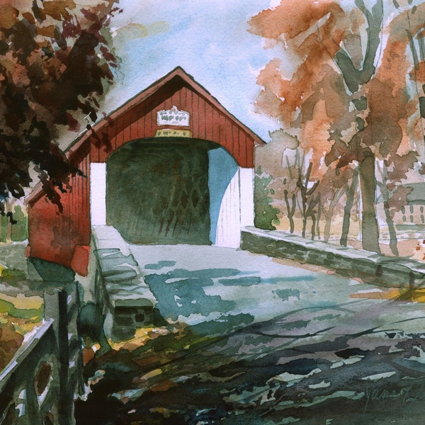 Knecht's Covered Bridge, Springfield Twp, Bucks County, PA. Red classic over bucolic Cooks Creek. James Mann watercolor prints, notecards