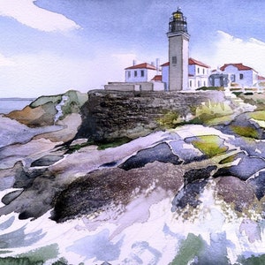 May include: A watercolour painting depicting a white lighthouse standing on a rocky coastline. The lighthouse is tall and slender, with a red roof and a white tower. The rocks are grey and brown, and the water is a light blue. The sky is a light blue with white clouds.