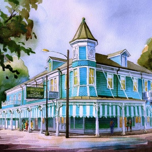 Palais du commandant, La Nouvelle-Orléans. Restaurant créole romantique du Garden District. Cartes et affiches James Mann de paysages à l'aquarelle